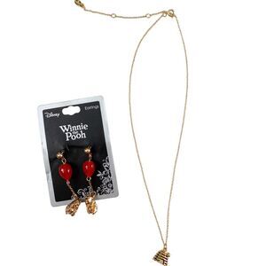 Disney Winnie the Pooh Gold Necklace & Charm Earrings Retro Nostalgic Bundle